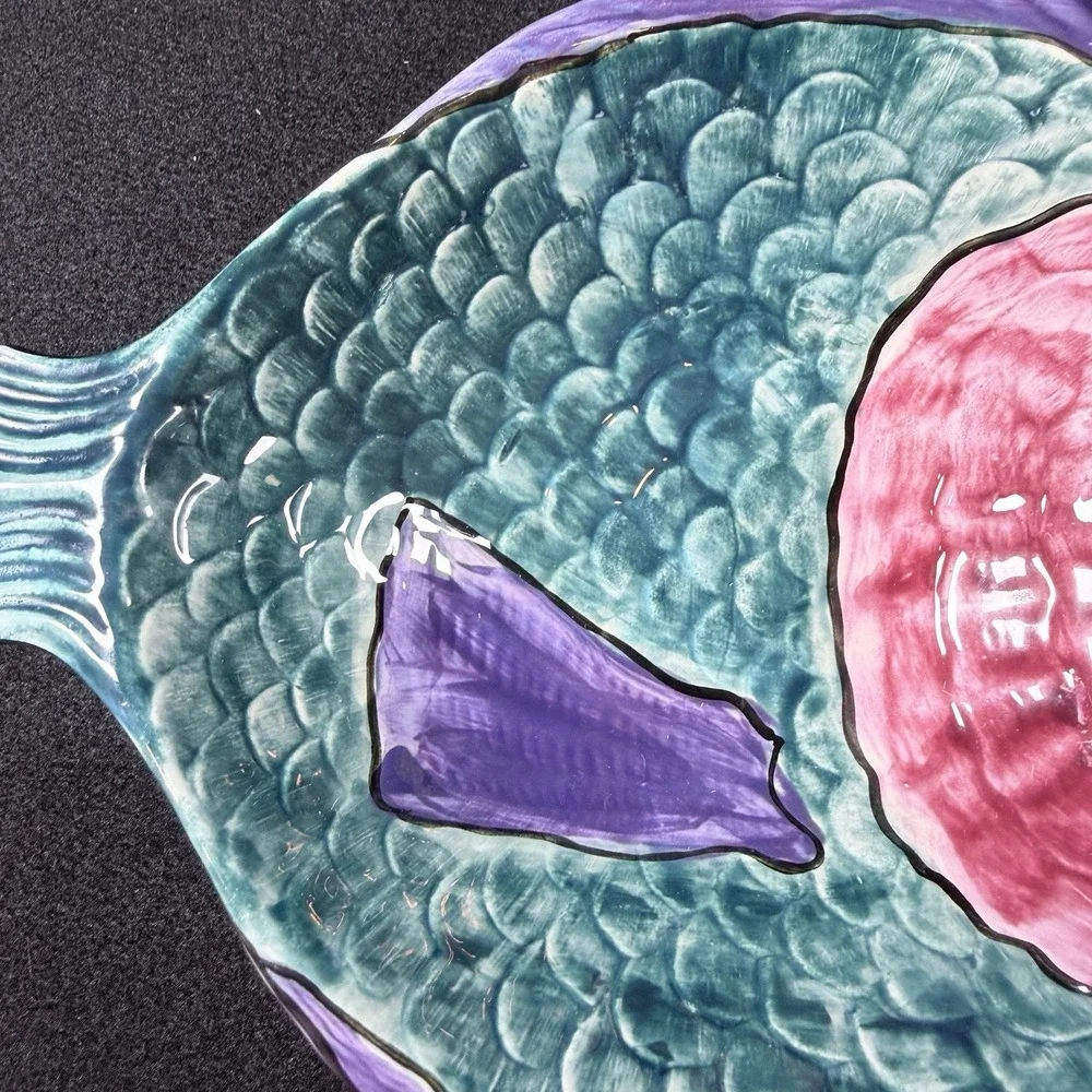 Vintage KOK 1991 Hand Painted Ceramic Fish Wall Hanging Platter Teal Pink Purple